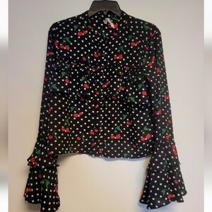 True Destiny Cherry Polka Dot Ruffle Cropped Blouse Large Black Flare Sleeve